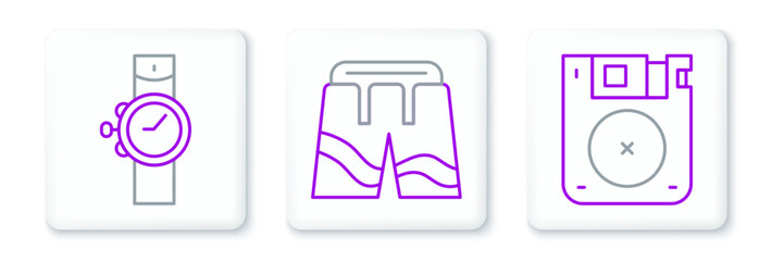 Poster - Set line Floppy disk, Wrist watch and Short or pants icon. Vector