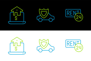 Sticker - Set line Rent, Online real estate and Car with shield icon. Vector