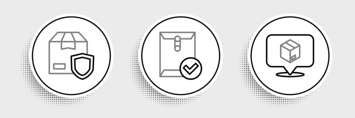 Poster - set line location with cardboard box, delivery security shield and envelope and check mark icon. vec
