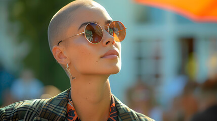 Wall Mural - portrait of bald woman with orange sunglasses