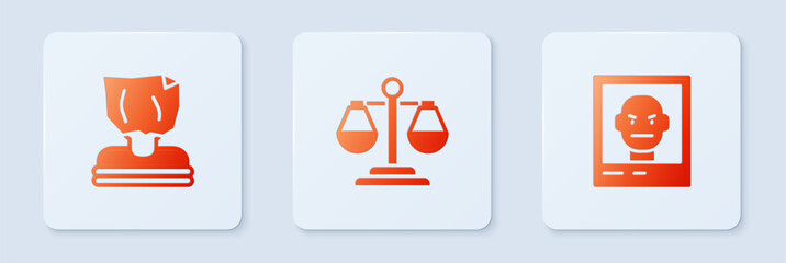 Sticker - Set Scales of justice, Kidnaping and Wanted poster. White square button. Vector