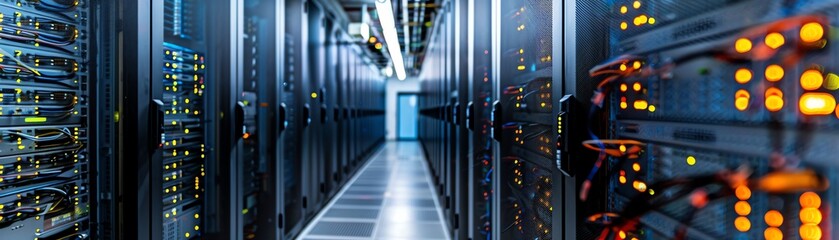 A closeup of a data center with rows of server racks, cooling systems, and structured cabling, highlighting the scale and complexity of modern IT infrastructure