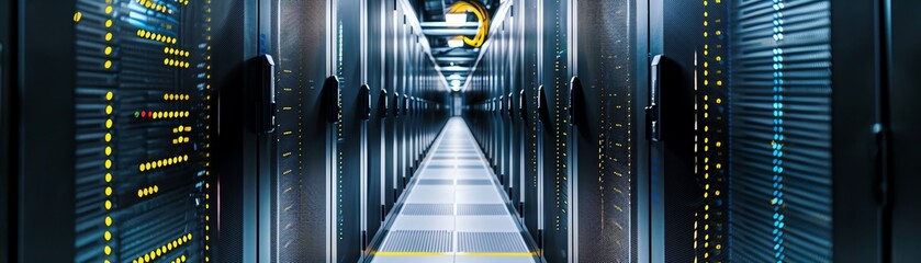 A closeup of a data center with rows of server racks, cooling systems, and structured cabling, highlighting the scale and complexity of modern IT infrastructure