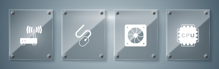 Poster - set processor with cpu, computer cooler, mouse and router and wi-fi signal. square glass panels. vec