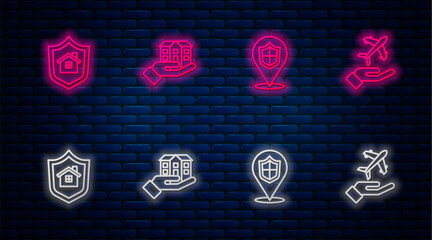 Sticker - Set line House in hand, Location shield, with and Plane. Glowing neon icon on brick wall. Vector