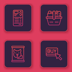 Poster - Set line Paper or financial check, Canned food, Shopping basket and and Buy button. Blue square button. Vector