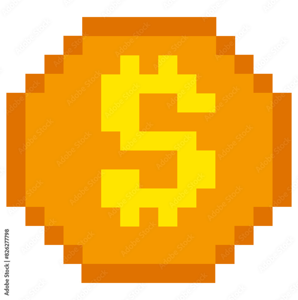 Coin Pixel Vector vector drawing of a coin. Pixel pattern in yellow gold. For computer ...