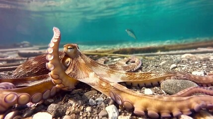 Poster -   Octopus close-up on rocky ground, fish swimming in background water