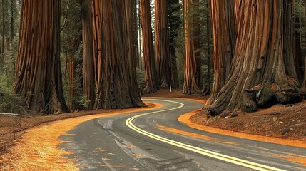 Poster -   A winding road amidst towering trees, marked by a yellow stripe down its center