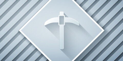 Poster - Paper cut Pickaxe icon isolated on grey background. Paper art style. Vector
