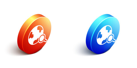 Poster - Isometric Magnifying glass with globe icon isolated on white background. Analyzing the world. Global search sign. Orange and blue circle button. Vector