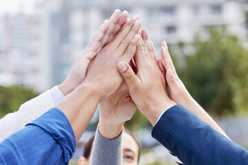 Aufkleber - Corporate, business people and hands with high five in city for team building, support and collaboration. Employees, meeting and success with celebration for partnership, deal or motivation in Sydney