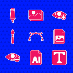 Poster - Set Bezier curve, AI file document, Text, Picture landscape, Red eye effect, Paint brush, and Marker pen icon. Vector