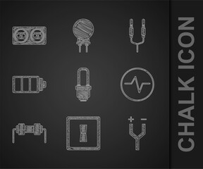 Poster - Set LED light bulb, Electric switch, cable, circuit scheme, Resistor electricity, Battery charge level indicator, Audio jack and Electrical outlet icon. Vector