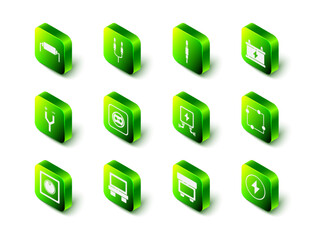 Poster - Set Audio jack, Car battery, Electric circuit scheme, Lightning bolt, transformer, Fuse and icon. Vector