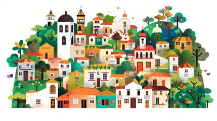 Wall Mural - mexican village simple lines, illustration simplistic vector art, on white background