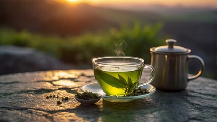 Wall Mural - A mug of green tea standing on a stone table against a sunset background