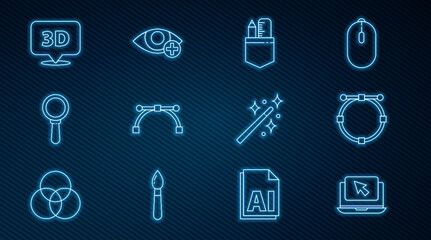 Poster - Set line Laptop and cursor, Circle with Bezier curve, Crossed ruler pencil, Magnifying glass, Speech bubble text 3D, Magic wand and Red eye effect icon. Vector