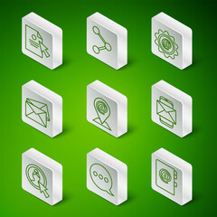 Poster - Set line Address book, Speech bubble chat, Document and cursor, Location mail e-mail, Envelope, Share, Create account screen and Mobile envelope icon. Vector