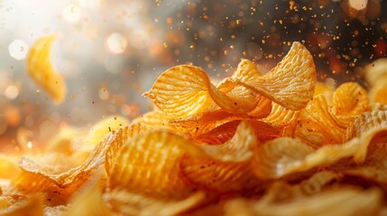 Wall Mural - Potato chip packaging flying in the air, scene with background in blur, direct lighting, magazine style photography