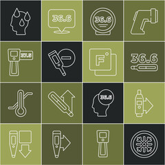 Poster - Set line Snowflake, Digital thermometer, Medical, High human body temperature and Fahrenheit icon. Vector