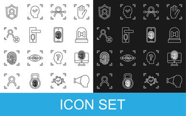 Poster - Set line Face recognition, Monitor with fingerprint, Motion sensor, Fingerprint door lock, Rejection face, User protection and Mobile scan icon. Vector