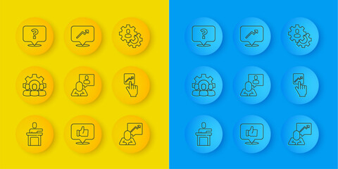 Poster - Set line Speaker, Project team base, Head hunting, Team leader, Question mark, and Graph, schedule, chart icon. Vector