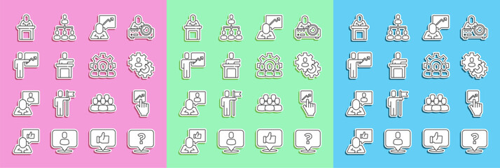 Poster - Set line Question mark, Team leader, Head hunting, Speaker, and Project team base icon. Vector
