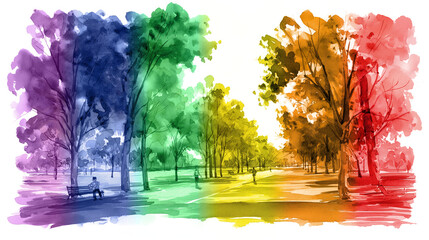 Wall Mural - Watercolor Illustration of a Park with Rainbow Colored Trees, Pride Month Background