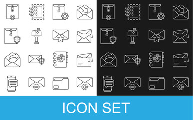 Poster - Set line Received message concept, Envelope, setting, Mail box, with shield, Delete envelope and star icon. Vector