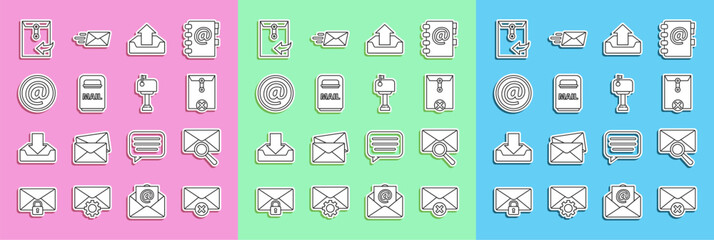 Poster - Set line Delete envelope, Envelope with magnifying glass, Upload inbox, Mail, and e-mail, and icon. Vector