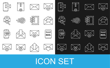 Poster - Set line Envelope with Valentine heart, Mail box, Outgoing mail, and e-mail, magnifying glass, Mobile envelope and Postal stamp icon. Vector