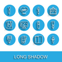 Poster - Set line Paint brush, Palette, Paper towel roll, Pipette, Computer monitor screen, Fountain pen nib and Marker icon. Vector