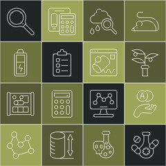 Poster - Set line Medicine pill, Atom, Plant breeding, Cloud with rain, To do list or planning, Battery, Magnifying glass and Data visualisation icon. Vector