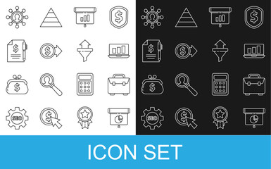 Poster - Set line Graph, chart, diagram, infographic, Briefcase, Laptop with, Coin money dollar, Contract and pen, Business network communication and Sales funnel arrows icon. Vector