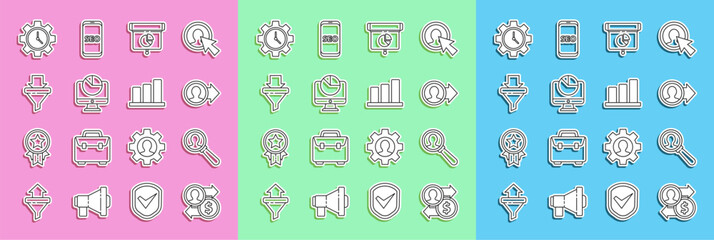 Poster - set line job promotion exchange money, magnifying glass for search people, graph, chart, diagram, in