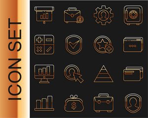 Poster - Set line User protection, Credit card, Website template, Human with gear inside, Shield check mark, Calculator, Graph, chart, diagram, infographic and Star icon. Vector