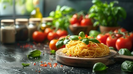 Wall Mural - spaghetti pesto, healthy food, home cooking, green stew, healthy food, simplistic art on kitchen background 