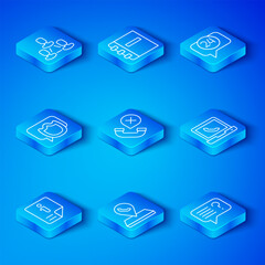 Poster - Set line Information, Declined missed phone call, Call center location, Telephone 24 hours support, Speech bubble chat, Employee hierarchy and Unknown search icon. Vector