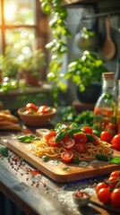 Wall Mural - spaghetti pesto, healthy food, home cooking, green stew, healthy food, simplistic art on kitchen background 