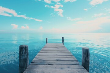 Wall Mural - Blue Lake. Two Wooden Piers at Sunset with Sky Reflection on Calm Waters