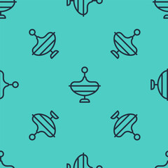 Poster - Black line Whirligig toy icon isolated seamless pattern on green background. Vector