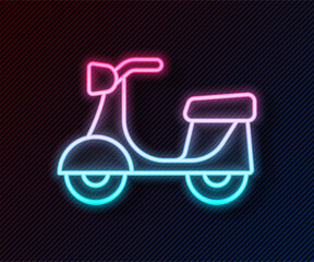 Canvas Print - Glowing neon line Scooter icon isolated on black background. Vector