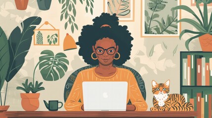 Wall Mural - A young woman working from home, surrounded by her laptop, plants, and a cozy cat. 