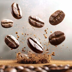 Coffee beans in mid air with splash, ideal for graphic design, on white backdrop