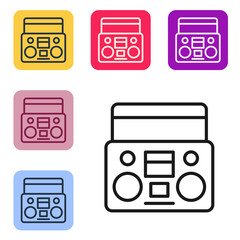 Poster - Black line Home stereo with two speakers icon isolated on white background. Music system. Set icons in color square buttons. Vector