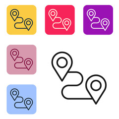 Poster - Black line Route location icon isolated on white background. Map pointer sign. Concept of path or road. GPS navigator. Set icons in color square buttons. Vector