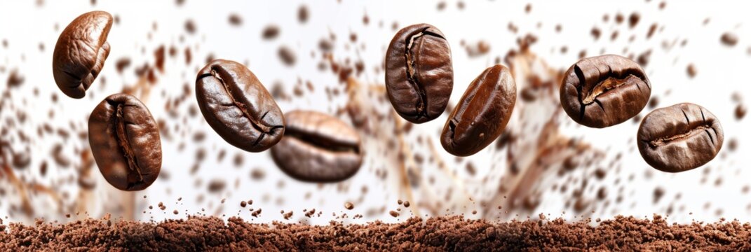 coffee beans in mid air with splash, ideal for graphic design on white background
