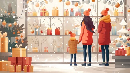 woman with child next to her standing in a store filled with many Christmas decorations. flat vector illustration, color and constract color, simplistic art on white background