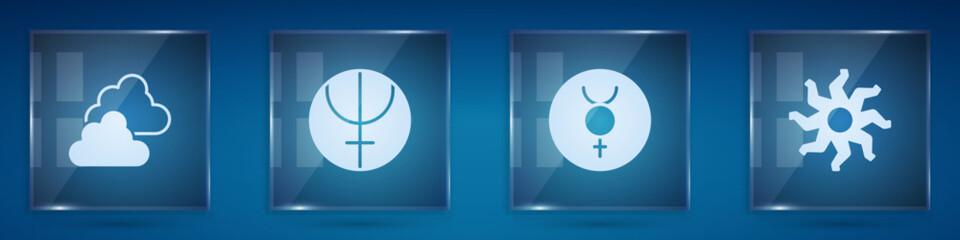 Poster - Set Cloudy weather, Neptune planet, Symbol Mercury and Sun. Square glass panels. Vector